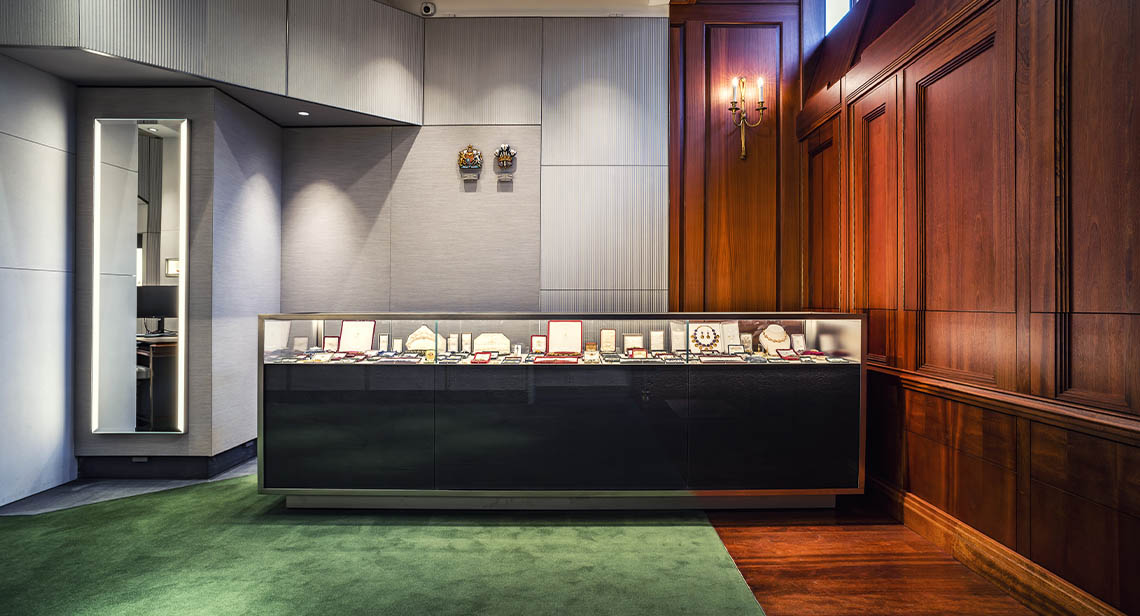 jewellery on display in glass cabinate