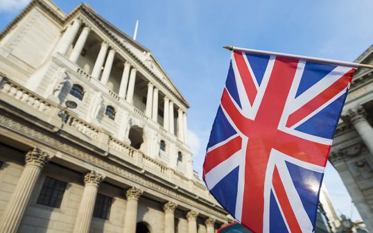 British Flag In Front Of Bank Of England