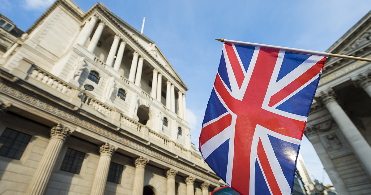 British Flag In Front Of Bank Of England